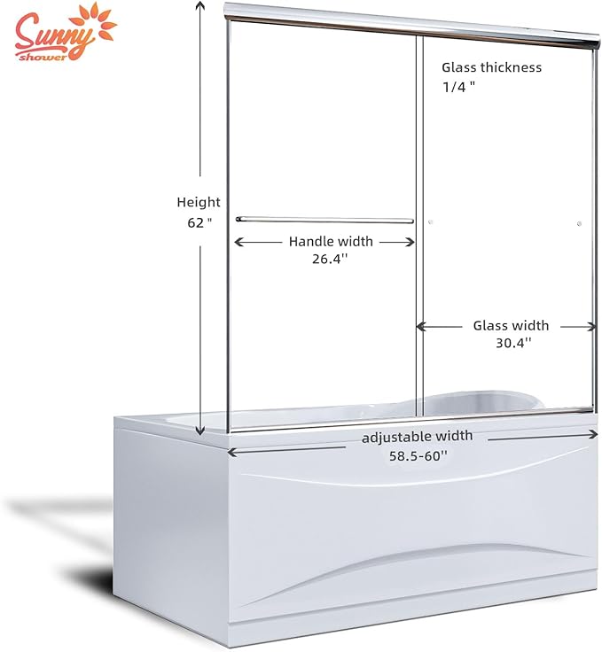 SUNNY SHOWER Bathtub Shower Door 60" W x 62" H Semi-Frameless Double Sliding Design Shower Tub Door 1/4" Clear Glass Panel, Chrome Finish