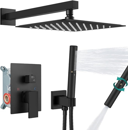 Aolemi Shower System with Rainfall Shower Head and Handheld Wall Mount,High Pressure Shower Faucet Set Fixture Combo with 2 in 1 Handheld Spray Rough-in Valve,10 Inch Shower Head Matte Black