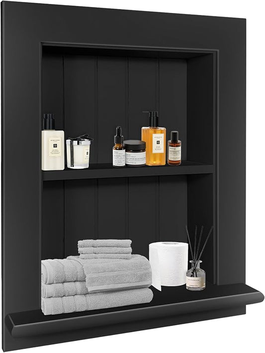 Royxen Bathroom Wall Cabinet with 2-Tier Shelves,Wooden Recessed Medicine Cabinet Over Toilet Storage Cabinet,Bathroom Cabinet Wall Mount for Home Storage, 14 x 18 Inch, Black