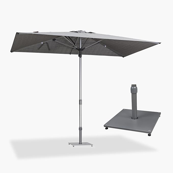 PURPLE LEAF 6 X 10 FT Semi-Auto Outdoor Patio Umbrella with Base Market Table Sun Umbrellas with 6 Aluminum Sturdy Ribs for Backyard Deck Garden Pool (Silver Pole Gray Canopy)
