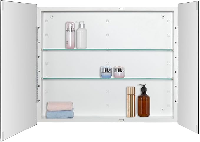 Bathroom Medicine Cabinet with Beveled Edge Mirrored Door 30 x 26 inch, Recessed or Surface Mount, with Adjustable Glass Shelves