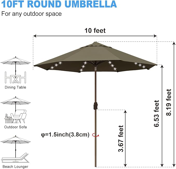 Eurmax USA 10-Year-Non-Fading 10Ft Solar Market Umbrella Outdoor Patio Umbrella Table Umbrella with LED Lights,8 Ribs,Hand Crank and Ventilation (Taupe)