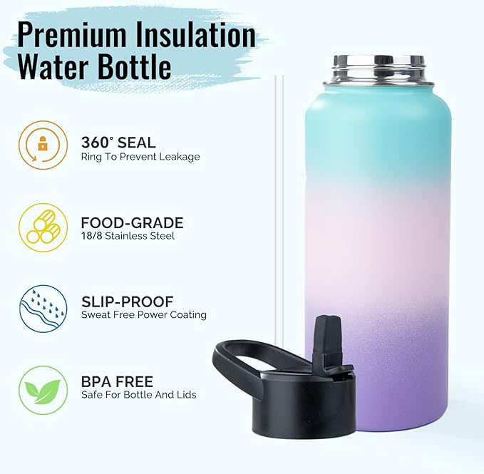 Stainless Steel Water bottle with Straw & Wide Mouth Lid, Wide Rotating Handle, 32oz Double Wall Vacuum Insulated Water Bottle Leak Proof, BPA Free, Keep Cold and Hot, 32oz, Purple Gradient