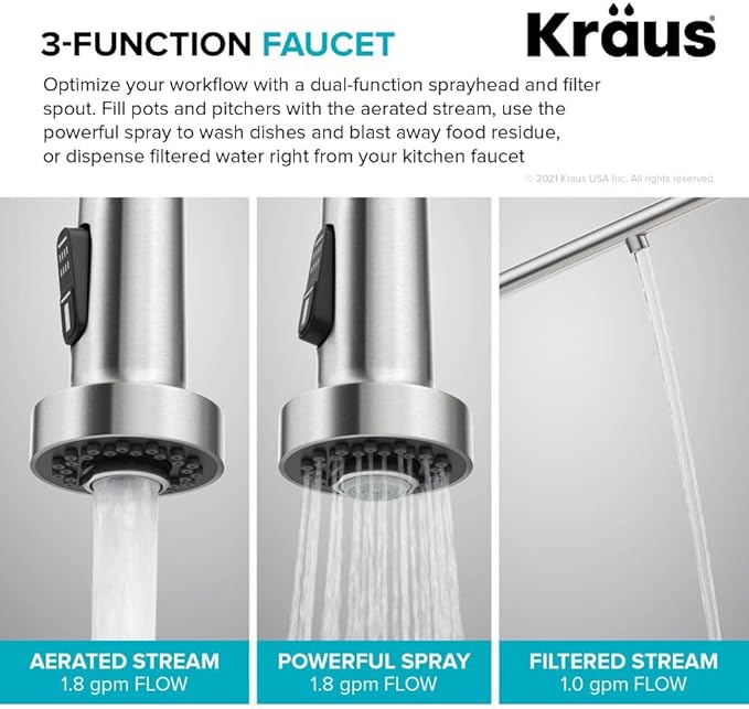 KRAUS Bolden 2-in-1 Commercial Style Pull-Down Single Handle Water Filter Kitchen Faucet for Reverse Osmosis or Water Filtration System in Spot Free Stainless Steel, KFF-1610SFS