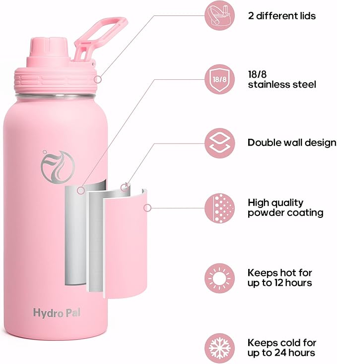 Insulated Water Bottles 32 oz with 2 Leak Proof Lids & Water Bottle Holder, Wide Mouth Sport Water Bottle with Straw, Reusable Stainless Steel Water Flask, Double Walled Vacuum Thermos