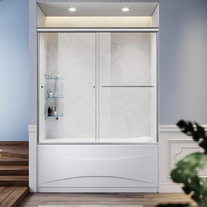 SUNNY SHOWER Bathtub Door Double Glass Sliding Shower Tub Door 60" W x 57.4" H Semi-Frameless 1/4" Clear Glass Shower Enclosure Doors for Bathroom, Chrome Finish