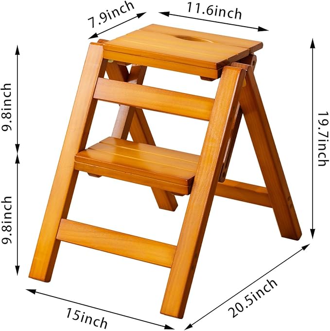 Wooden Step Stool, Foldable 2 Step Ladder, Solid Wood Ladder Stool for for Home, Kitchen & Garden Walnut