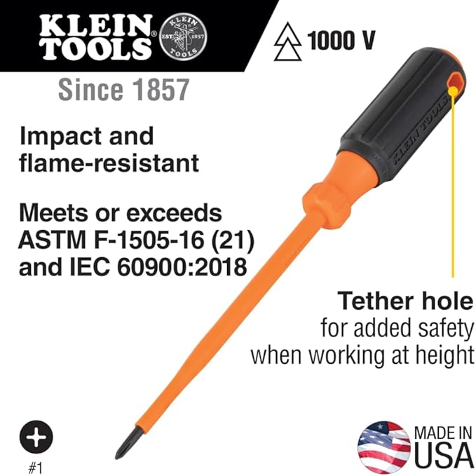 Klein Tools 85077INSR Insulated Screwdriver Set with Magnetizer, Made in USA, 1000V Electrical Screwdrivers, Phillips, Slotted, Square, 7-Piece
