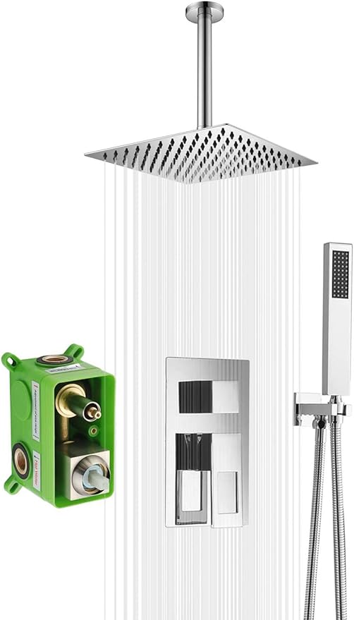 sumerain Shower System Ceiling Mount with Rough-in Valve, Rain Showerhead and Hand Shower, Chrome Finish