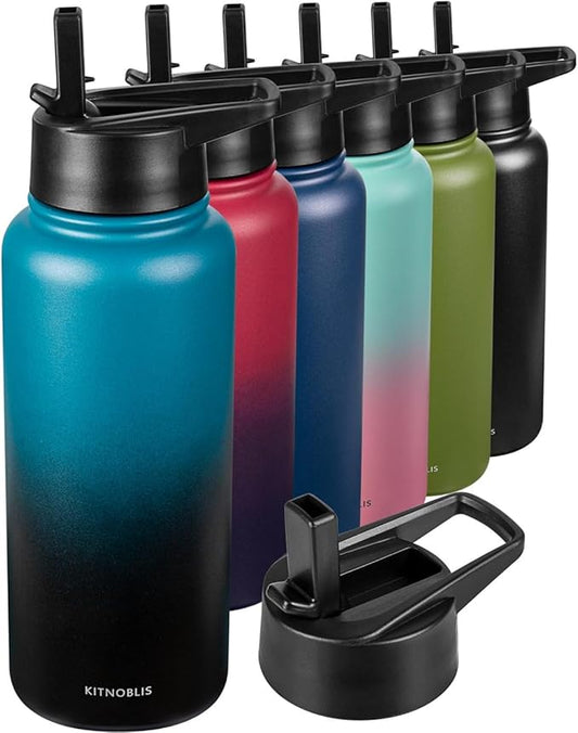 Water Bottle Insulated 32oz Straw Lid, Leak Proof, Vacuum Insulated,Stainless Steel Water Bottle Wide Mouth for Sports, Gym, BPA-Free Keep Cold 24H Hot 12H (Dark green)