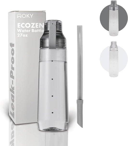 WOKY Ecozen 27oz Water Bottle - Clear Aesthetic Water Bottle with Silicone Carry Strap, Leak Proof Dishwasher Safe and Reusable, Ideal for Gym, Travel, and Everyday Use (Dark Gray)