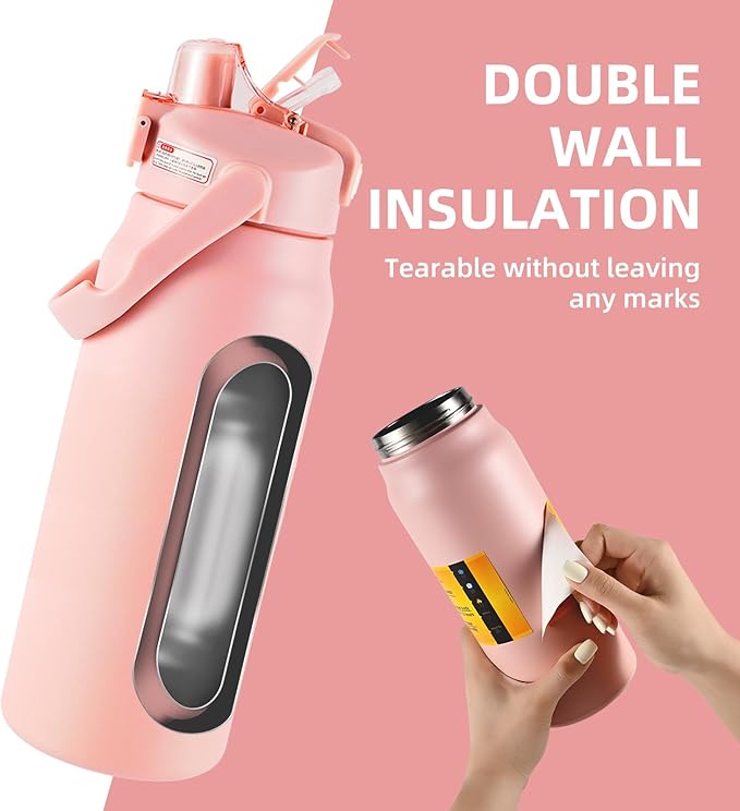 50oz/1.5L Insulated Sports Water Bottle, Stainless Steel Double Wall Water Jug with Handle, 2-in-1 Chug Spout and Straw Lid with Lock Cover for School, Outdoor, Sports & Travel, Pink