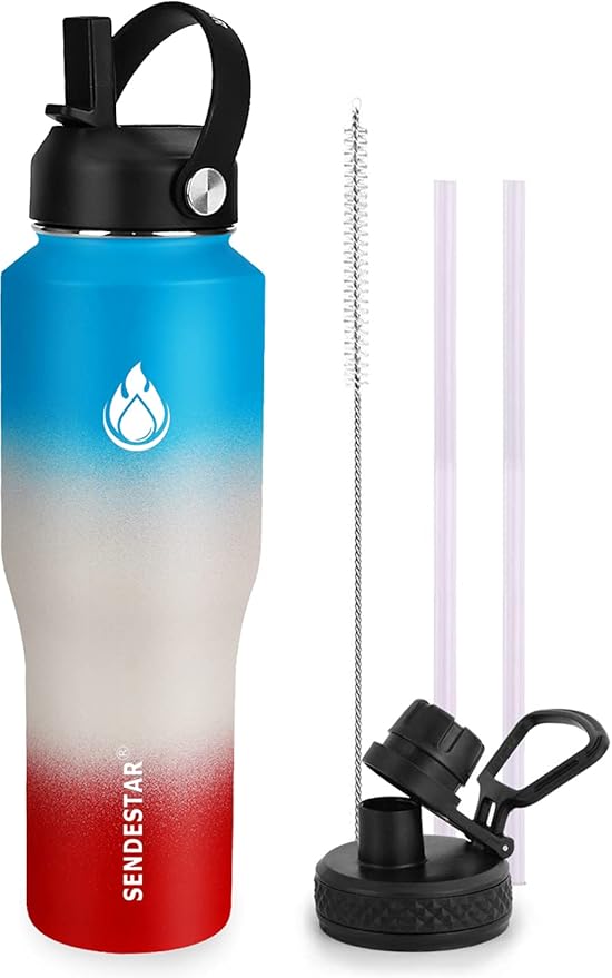 SENDESTAR Water Bottle 32oz,2 Lids(Straw lid),Wide Mouth Stainless Steel Vacuum Insulated Double Wall Keep Liquids Cold or Hot All Day,Sweat Proof Sport Design,Fit Car Cup Holder(Sweet Candy)
