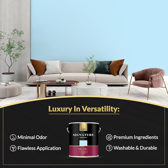 EVOLVE Signature Paint & Primer: Luxury Paint & Primer for Indoor & Outdoor Surfaces, Minimal Odor, Eggshell Sheen (Baby Blue, 1 Gallon)