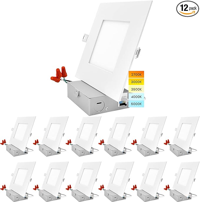 LUXRITE 12 Pack 6 Inch Ultra Thin Square LED Recessed Lighting, 5 Color Options 2700K - 5000K, Dimmable LED Downlight, 12W, IC & Wet Rated, 1000 Lumens, Canless LED Recessed Light, ETL