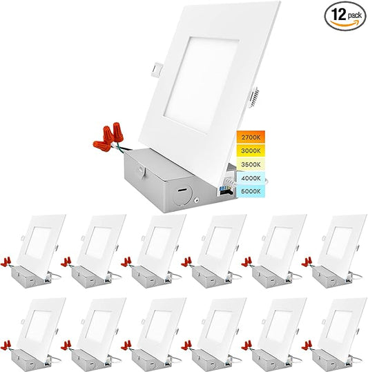 LUXRITE 12 Pack 6 Inch Ultra Thin Square LED Recessed Lighting, 5 Color Options 2700K - 5000K, Dimmable LED Downlight, 12W, IC & Wet Rated, 1000 Lumens, Canless LED Recessed Light, ETL
