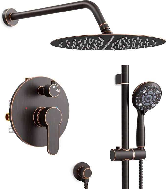 SR SUN RISE 12 Inch Oil Rubbed Bronze Shower System, Wall-Mount Adjustable 16-Inch Slide Bar with 6-Function Hand Shower Faucet Included Valve and Trim Kit