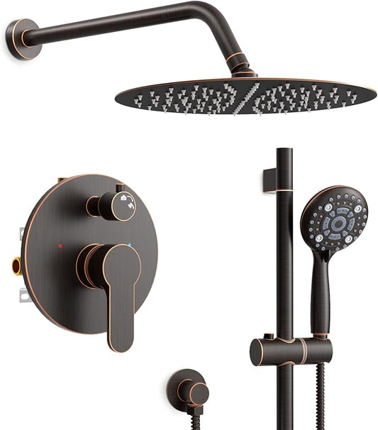 SR SUN RISE 12 Inch Oil Rubbed Bronze Shower System, Wall-Mount Adjustable 16-Inch Slide Bar with 6-Function Hand Shower Faucet Included Valve and Trim Kit