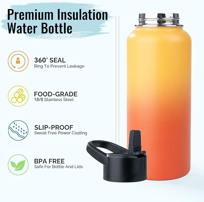Stainless Steel Water bottle with Straw & Wide Mouth Lid, Wide Rotating Handle, 40oz Double Wall Vacuum Insulated Water Bottle Leak Proof, BPA Free, Keep Cold and Hot, 40oz, Yellow Gradient
