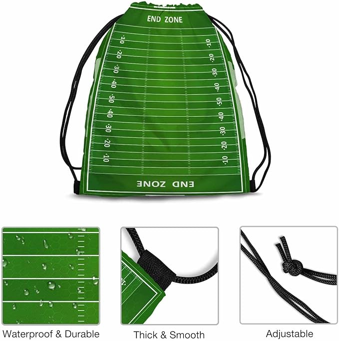 Football Field Drawstring Backpack Adjustable Shoulder Strap Green Grass with White Lines Graduated Line End Zone Drawstring Bag Sutiable for Sports Beach Short Travel Stroage 14x16.9 Inch