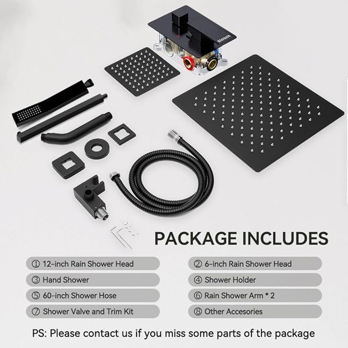 Shower Faucet Set Matte Black Shower System, STARBATH 12+6" Dual Rain Shower Head with Handheld Spray for Two People,Wall Mount Rainfall 3 Way Shower Valve with 5 Diverter and Trim Kit Complete