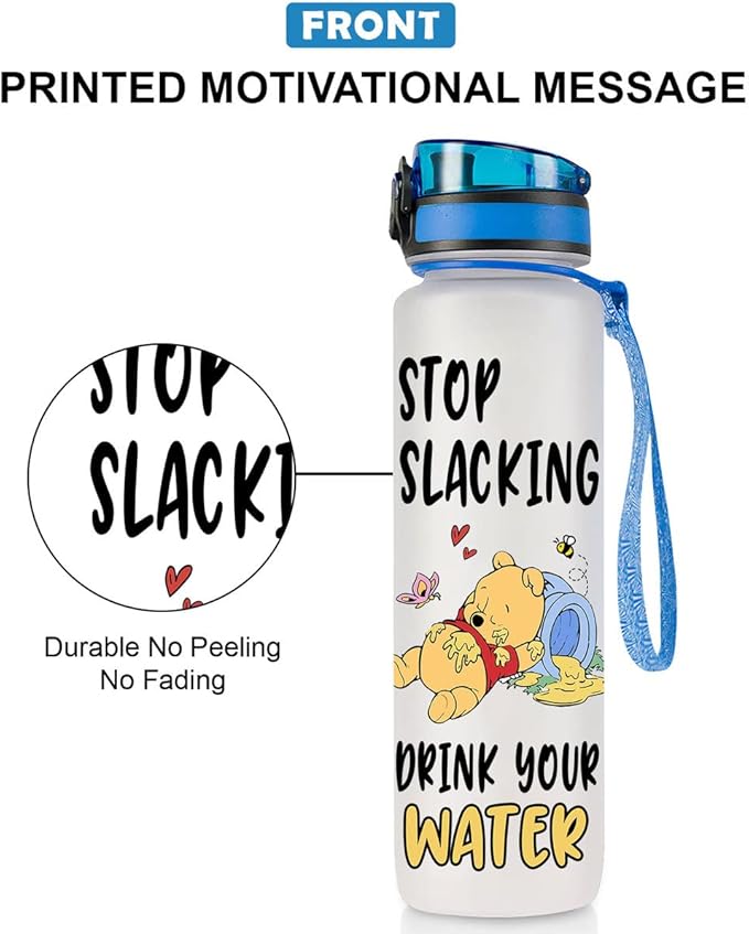 Winnie Pooh 32 Oz Water Track Bottle, Stop Slacking Drink Your Water Water Bottle With Time Marker, Pooh Bear Motivational Insulated Water Bottle, Gifts For Family Friend