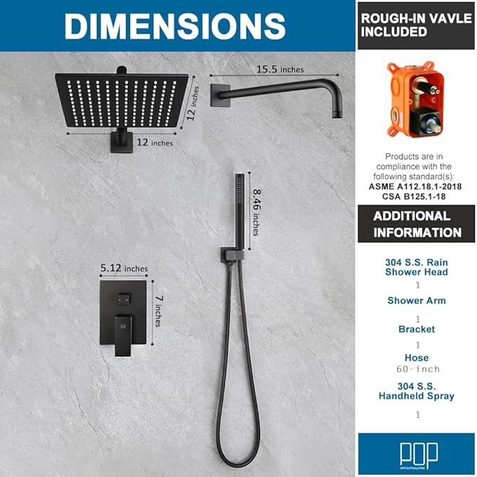 POP SANITARYWARE Matte Black Shower Faucet Set Rainfall 12 Inch Shower Head and Handle Set Bathroom Rain Shower System Wall Mounted Shower Fixture Include Shower Valve and Trim Kit