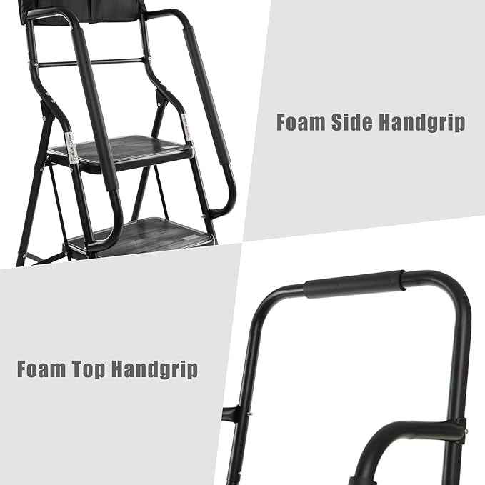 WiberWi 4 Step Ladder with Handrails 500 lb Capacity Step Stool Folding Portable Ladders for Home Kitchen Steel Frame with Non-Slip Wide Pedal Stepladder with Attachable Tool Bag Black