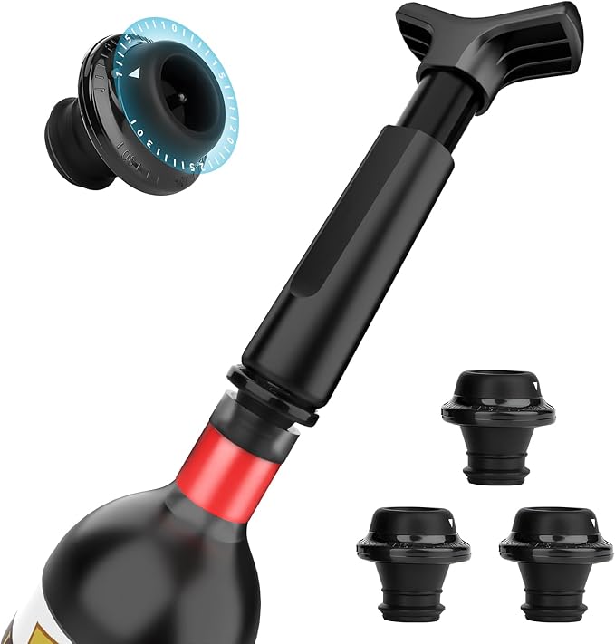 Wine Saver Pump with 4 Vacuum Wine Stoppers,Wine Bottle Stopper,Keeps Wine Fresh,Compatible with Most Wine Bottles,Best Gifts for Wine Lovers,Black