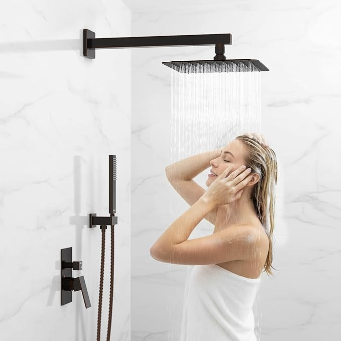 EMBATHER Oil Rubbed Bronze Shower System-12 Inches Shower Faucet Set with Square Rain Shower Head and Handheld High Pressure Shower Combo Set for Bathroom Wall Mounted (Contain Rough-in Valve & Trim)