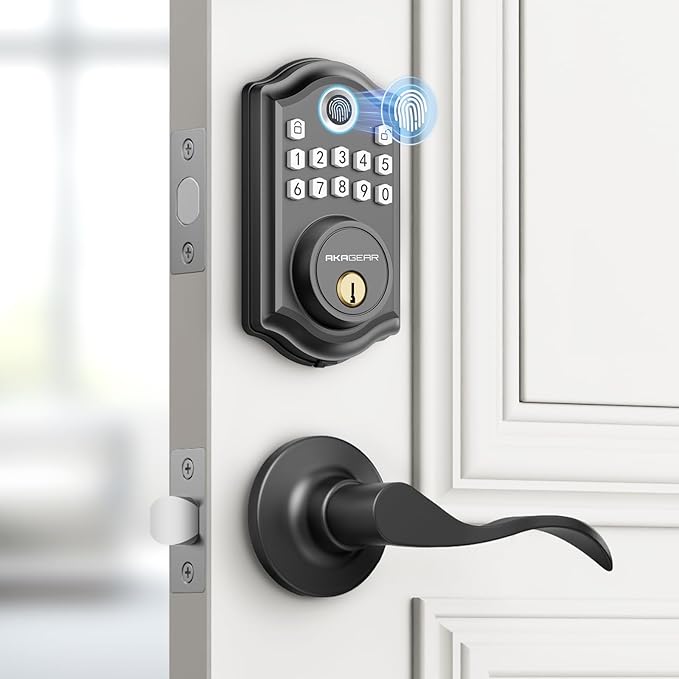 DS10 Keyless Entry Door Lock with Handle - 2 Lever Handles, Fingerprint Door Lock, Keypad Deadbolt, 2 Keys, Code, Smart Locks for Front Door, Auto-Lock, Easy Installation - Matte Black