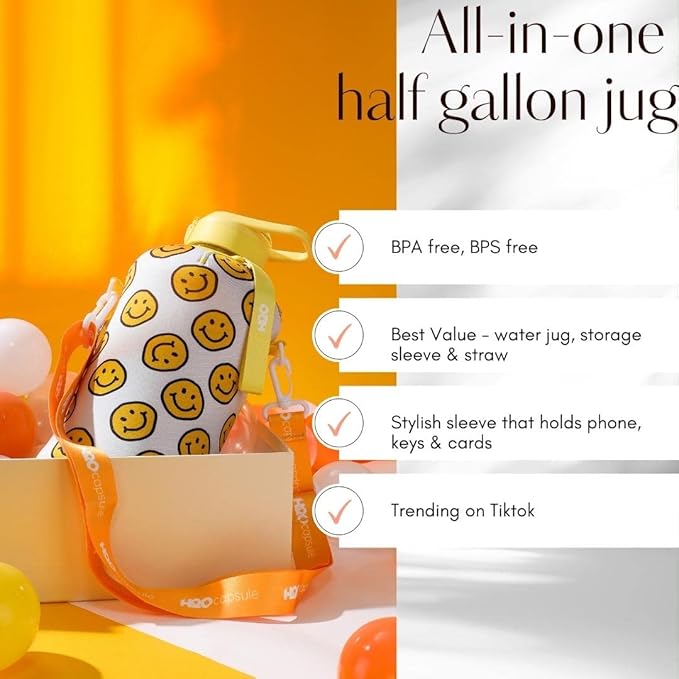 H2O Capsule 2.2L Half Gallon Water Bottle with Storage Sleeve and Covered Straw Lid – BPA Free Large Reusable Drink Container with Handle - Big Sports Jug, 2.2 Liter (74 Ounce)