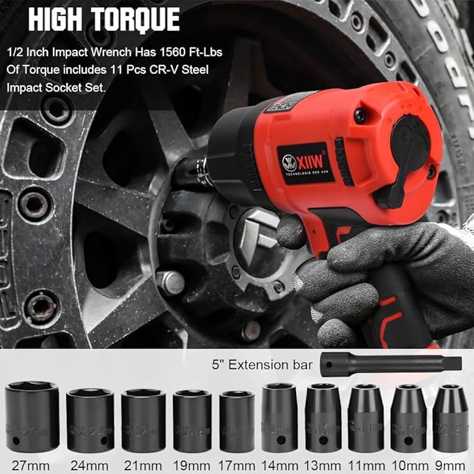 1/2 Inch Air Impact Wrench, Max Torque 1560 ft-lbs, lightweight 4.4 lb Design, Air Impact Gun Includes 11 Pcs CR-V Steel Impact Socket Set and Storage Case, Twin Hammer 8000RPM for Automobile Repair
