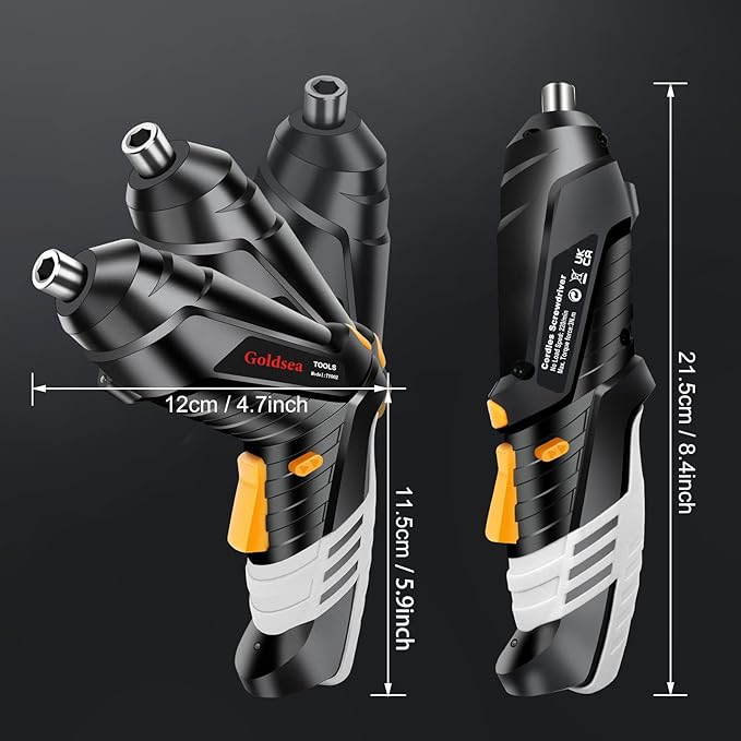 Electric Screwdriver Goldsea 4.2V Cordless Screwdriver 3.5N.m 1500mAh Type-C Charging 10pcs Screwdriver Bits 1/4” Hex Chuck 90°/180° deformation handle Forward and reverse adjustment LED Light