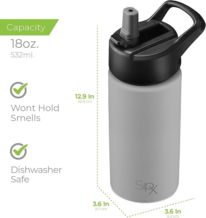 SipX™ Triple-Insulated Stainless Steel Water Bottle 18oz. With 3 Lids, BPA-Free Reusable Insulated Water Bottle Keeps Cold 24 Hours, Metal Water Bottle Made Of Sustainable Material For Hiking & Biking