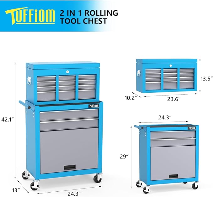 TUFFIOM 8-Drawer Rolling Tool Chest, Tool Storage Cabinet w/Lockable Wheels, Detachable Top, Drawers & Side Hooks, Mechanic Tool Organizer Box for Garage Warehouse Repair Shop