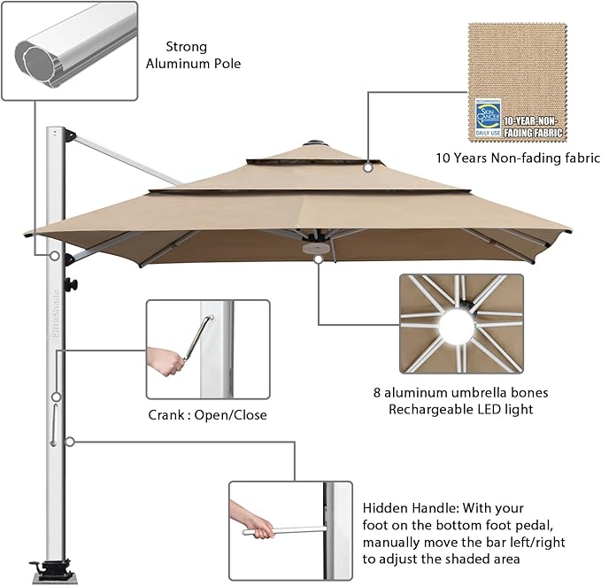 EliteShade USA APOLLO 3-Tier 10x10FT Full Aluminum Cantilever Patio Umbrella for Outdoor restaurant Garden Courtyard Deck Pool and Marketing with Light(No battery),Heather Beige