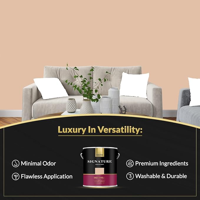 EVOLVE Signature Paint & Primer: Luxury Paint & Primer for Indoor & Outdoor Surfaces, Minimal Odor, Eggshell Sheen (Sahara Tan, 1 Gallon)