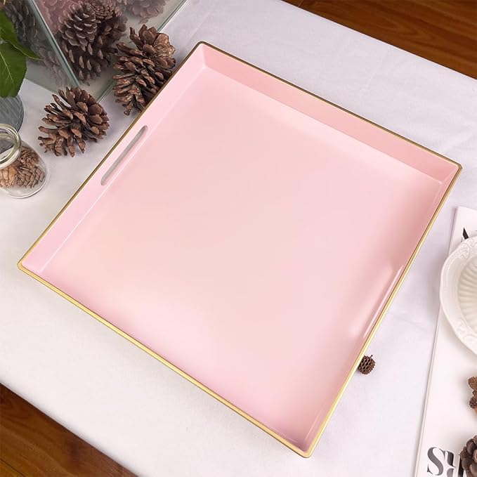 Pink Decorative Tray, Square Serving Tray with Handles, Plastic Coffee Table Tray for Ottoman, Living Room, Kitchen Tabletop, 13"x13"x1.6"