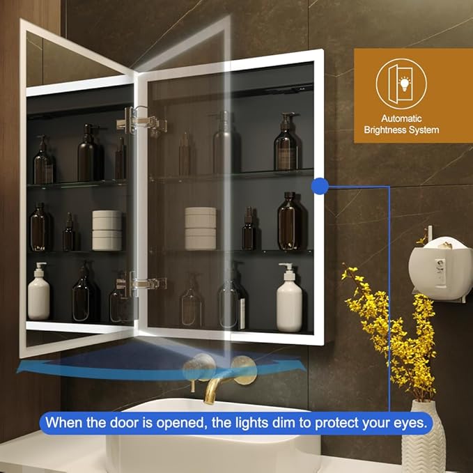 KWW LED Lighted Bathroom Medicine Cabinet with Sockets & USBs, Dimmable, 3 Color Light Makeup Mirror, Easy to Install, Wall Mounted Cabinet (20 * 28)