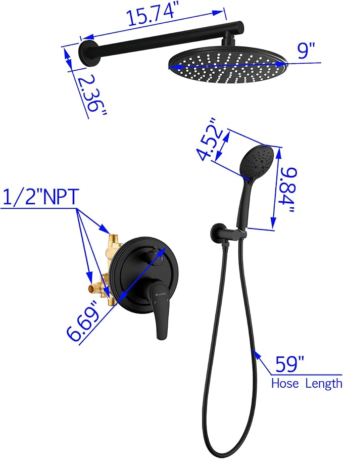 SHAMANDA Shower Faucet Set, Wall Mounted Shower System with High Pressure 9" Rain Shower head and 5-Setting Handheld Shower Head(Pressure Balance Round-In Valve and Trim Included), Matte Black, L01-7