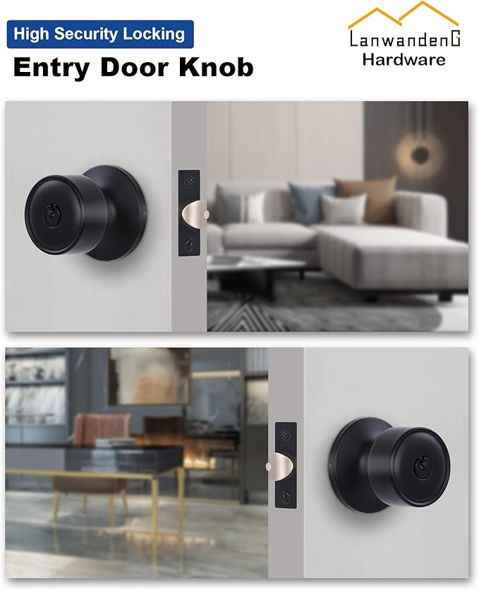 Lanwandeng Keyed Entry Door Knob with Lock, Interior and Exterior Door Lock, Matte Black Entrance Door Lock with Screwdriver