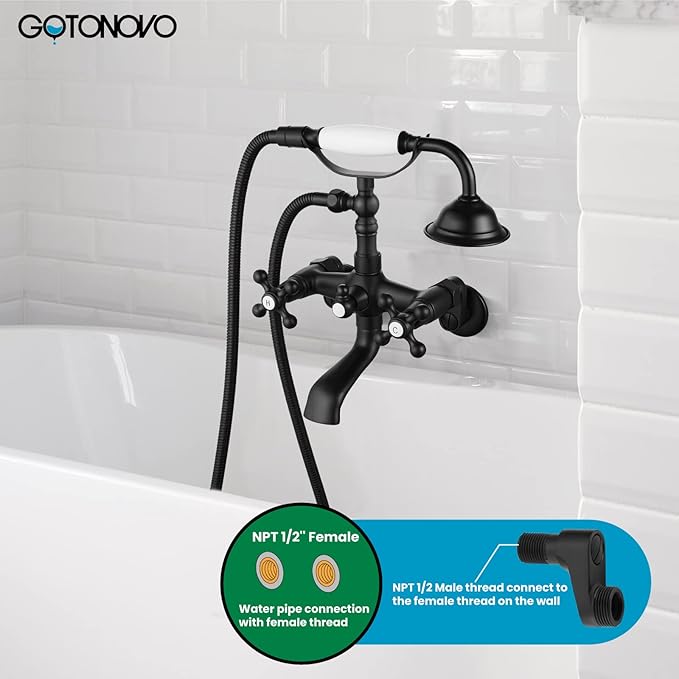gotonovo Clawfoot Bathtub Faucet Tub Filler with Hand Held Shower Faucet Set Victorian Double Cross Handle 6 Inch Center Adjustable Swing Arms Tub Mount Short Adapter Matte Black