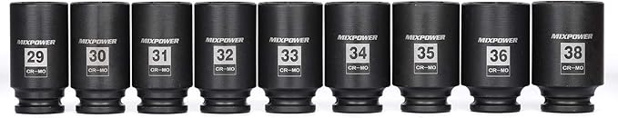 MIXPOWER 1/2- Inch Drive Deep Impact Socket Set, 6 Point, CR-MO, Metric, 29mm-38mm, 9-Piece 1/2" Dr. Deep Spindle Axle Nut Impact Socket Set