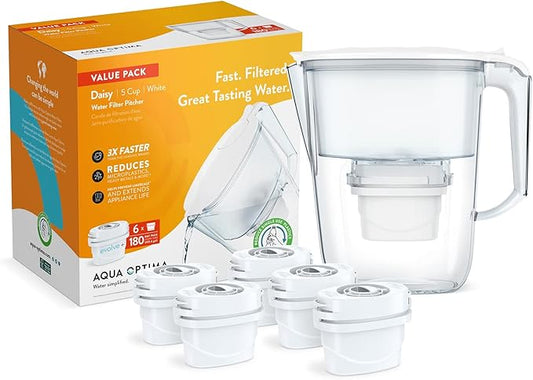 Aqua Optima 5-Cup Water Filter Pitcher Bundle Pack for Tap and Drinking Water with 6 Evolve+ Filter, Reduces Microplastics, Improves Taste, BPA Free, WQA Certified, Daisy Design (White)