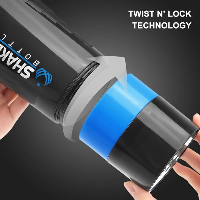 Protein Shaker Bottle - Sports Water Bottle - Non Slip 3 Layer Twist Off 3oz Cups with Pill Tray - Leak Proof Shake Bottle Mixer- Protein Powder 22 oz Shake Cup with Storage