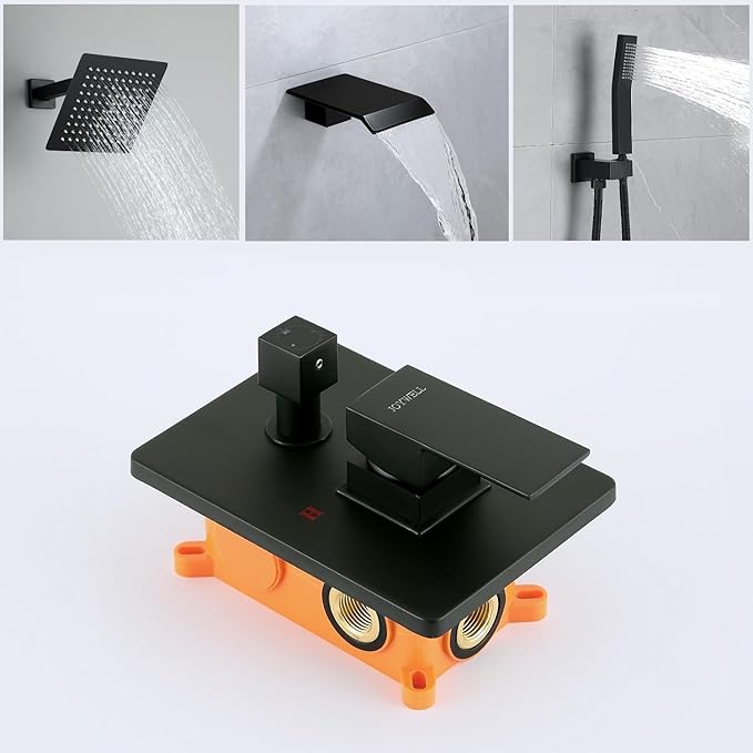 JOYWELL Bathtub Shower System Matte Black with 8 Inch Shower Head and Handheld Shower Tub Faucet Combo