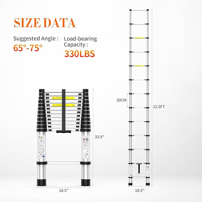 12.5FT Heavy-Duty Telescoping Ladder, 330lb Capacity Aluminum Extension Ladder with Anti-Slip Steps for Secure Attic Access, Roof, and Home Renovation Projects