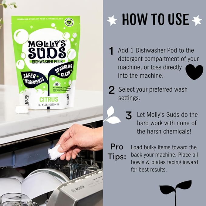 Molly's Suds Dishwasher Pods | Clean Dishwasher Detergent, Cuts Grease & Rinses Clean (Residue-Free) for Sparkling Dishes | 120 Auto-Release Tabs (Unscented)