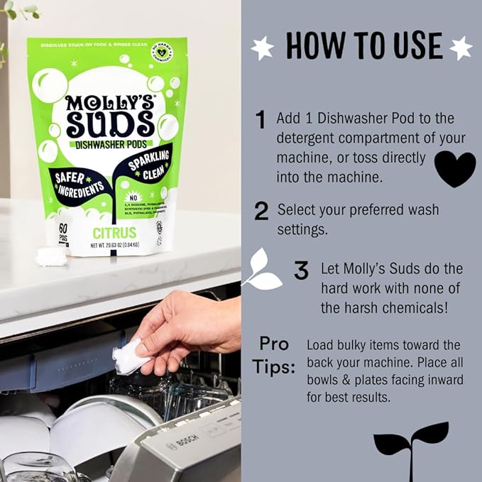 Molly's Suds Dishwasher Pods | Clean Dishwasher Detergent, Cuts Grease & Rinses Clean (Residue-Free) for Sparkling Dishes | 60 Auto-Release Tabs (Unscented)